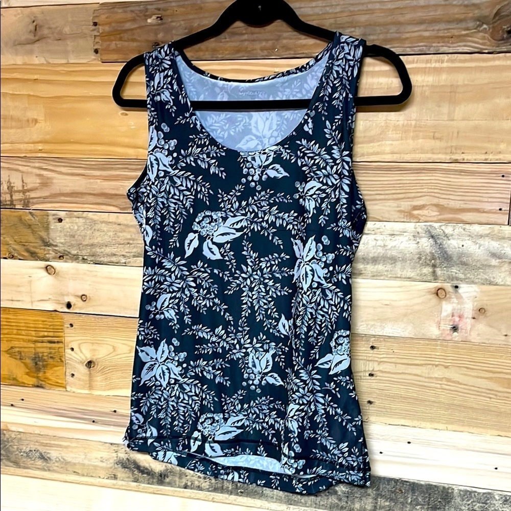 Lands’ End size medium petite black with gray floral slinky sleeveless blouse